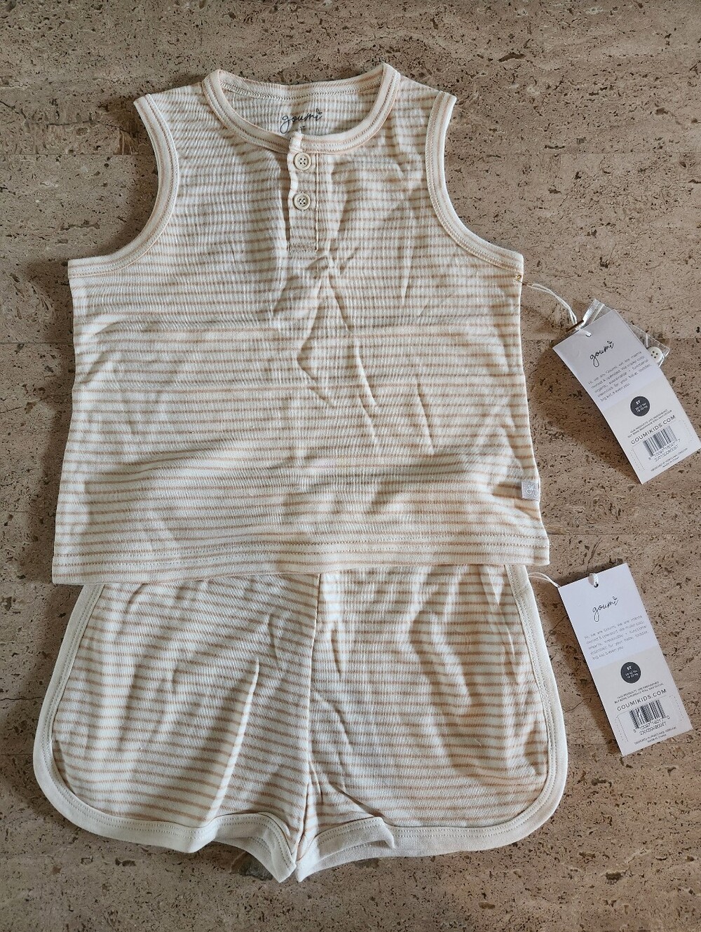 Goumi Kids Cream & Tan Striped Sleeveless Tank and Shorts 5T Set, NWT